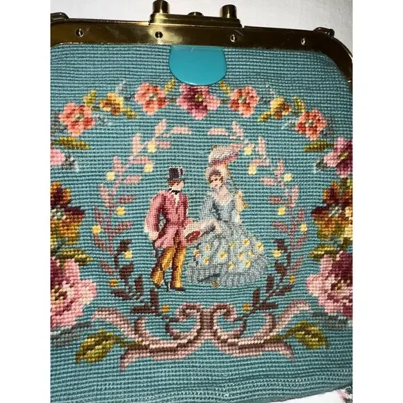 SHOWPIECE! NEVER USED VINTAGE 50's TEAL NEEDLEPOINT & PETITPOINT LEATHER BAG - Picture 2 of 14